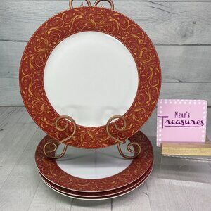 JC Penny Chris Madden MONTALIRA RED Gold Design Porcelain Dinner Plate Set 4